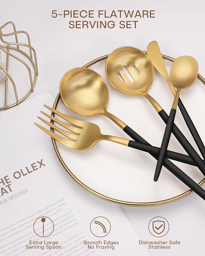 Serving Utensils,Ollex 5PCS Stainless Steel Matte Serving Utensil set include Large Serving Spoon, Slotted, Butter Knife and Sugar Spoon,Heavy Duty Hostess Utensils Serving Set for Parties Banquet