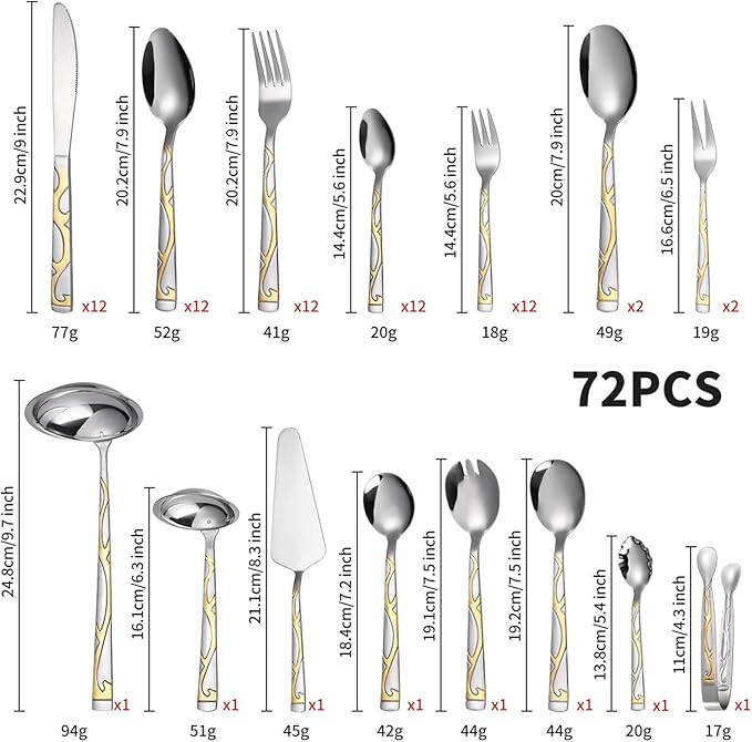 72/84 PCS Luxury Flatware Set, in a Flatware Organizer for Drawer, Silverware Flatware Serving Set for 12 with Gold Accents for Formal Events, Parties(C,72pcs)