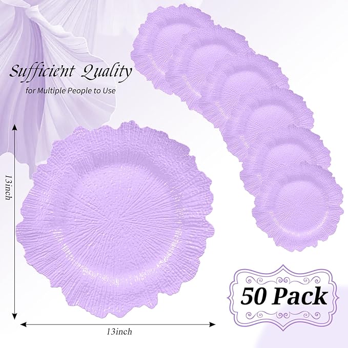 50 Pack Lavender Charger Plates Bulk, 13" Plastic Reef Chargers for Dinner Plates, Round Charger Plate with Floral Reef Design for Dinner Wedding Party Table Setting Decoration