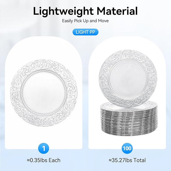 100Pcs Round Charger Plates, 13 Inch Reusable Serving Plates with Embossed Rim, Elegant Decorative Flower Relief Carving Chargers, Charger Plates Bulk for Wedding Party Event Decoration (Silver)