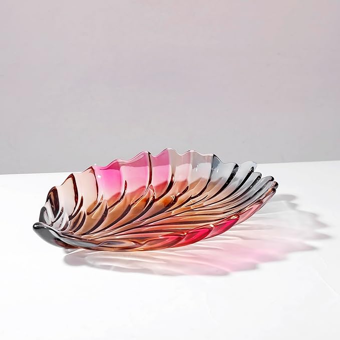 MAGCOLOR Creative Colorful Hand painted Crystal Glass Leaf-shaped Decorative Bowl -12.2 inch Diameter Fruit Display & Kitchen Table Centerpiece.