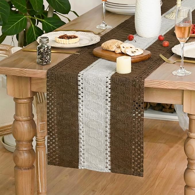 Artoid Mode Light Coffee Farmhouse Rustic Table Runner, Seasonal Hollow Kitchen Dining Table Decoration for Home Party Decor 12x36 Inch