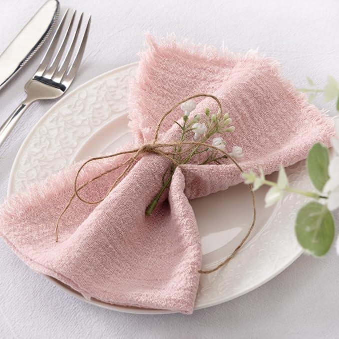 Socomi Set of 12 Linen Napkins Dusty Rose Easter Spring Cloth Napkins Washable Cotton Dinner Napkins Fringe 17"x17" for Wedding Party Bridal Baby Shower Birthday Table Decorations