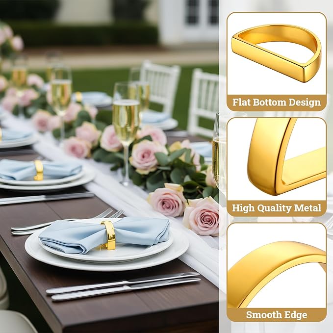 Suream Stainless Steel Napkin Rings, 24 Packs Napkin Ring Holders for Table Kitchen Dinner Party Wedding Decoration(Bright Gold Semicircle)