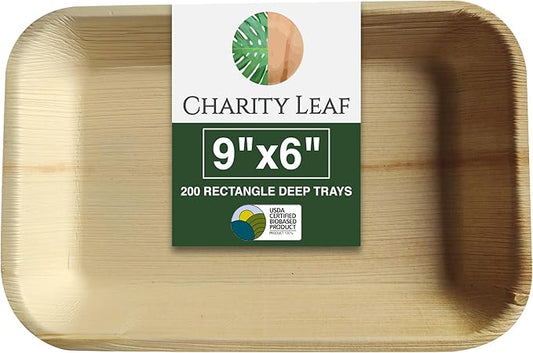 Charity Leaf 200-Pack 9"x6" Palm Leaf Trays | Eco-Friendly, Compostable Bamboo-Style Platters for Events & Weddings