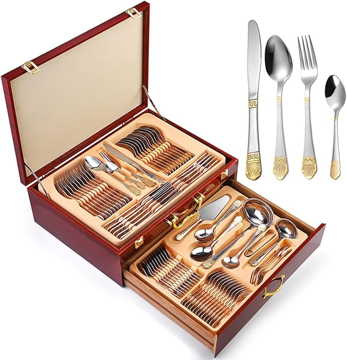 Silverware Flatware Serving Set for 12 with Gold Accents, 72/84 PCS Luxury Dining Silverware Cutlery Service in a Wooden Storage Case Chest for Formal Events, Parties(A,72pcs)