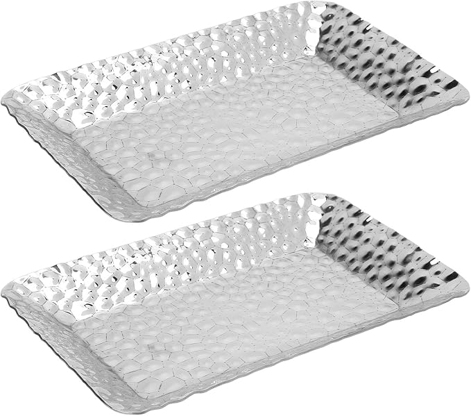 2PCS Rectangular Serving Tray, Stainless Steel Towel Tray Decorative Vanity Plate Hammered Appearance Silver Platter for Kitchen, Bathroom, Bar, Vanity Storage