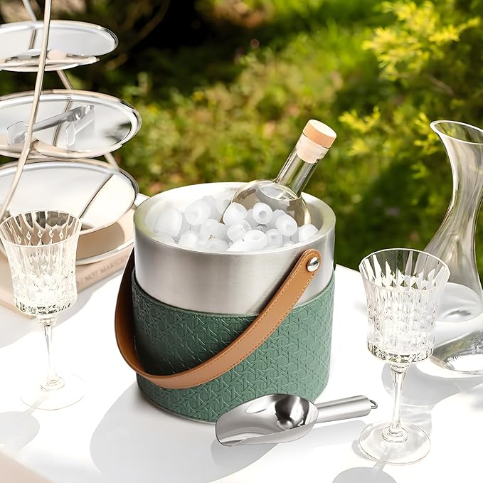 Insulated Ice Bucket with Lid, Scoop, Ice Tongs & Detachable Double-Sided PU Cover– 3L Double-Wall Stainless Steel Ice Buckets for Parties, Cocktail Ba, Champagne & Bar Cart Accessories