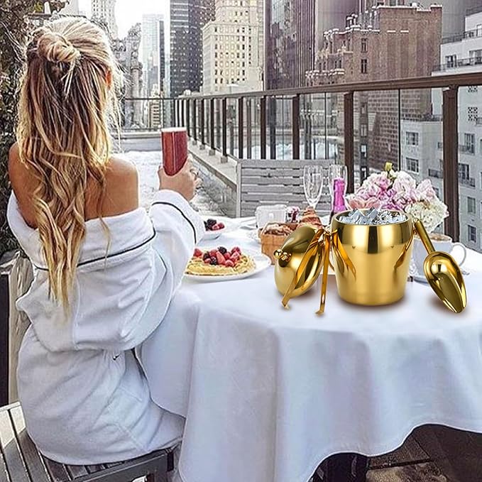 Ice Bucket Champagne Bucket with Tongs Scoop Lid, Double Wall Wine Bar Freezer Ice Bucket with Stand & Carrying Handle, Stainless Steel Mirror Bucket Champagne Bucket for Parties Bar Home,2L (Gold)
