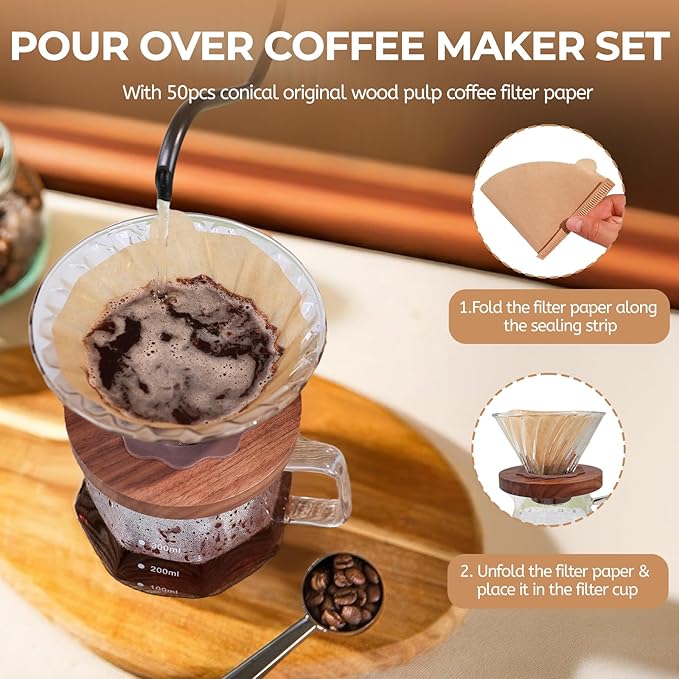 Pour Over Coffee Maker 400ml Borosilicate Glass Drip Coffeemaker Server Set with 50pcs V60 Cone Paper Filters Walnut Collar Glass Lid Clear Hand Brew Dripper Carafe for Home Camping Travel 13.5oz