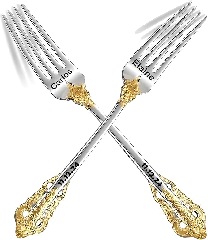 [2 Pack] Personalized Vintage Wedding Forks, Custom Luxury Dinner Forks Engraved with Name/Date, Customized Antique Baroque Flatware for Dessert Cake Salad Gift for Party Favors Engagements