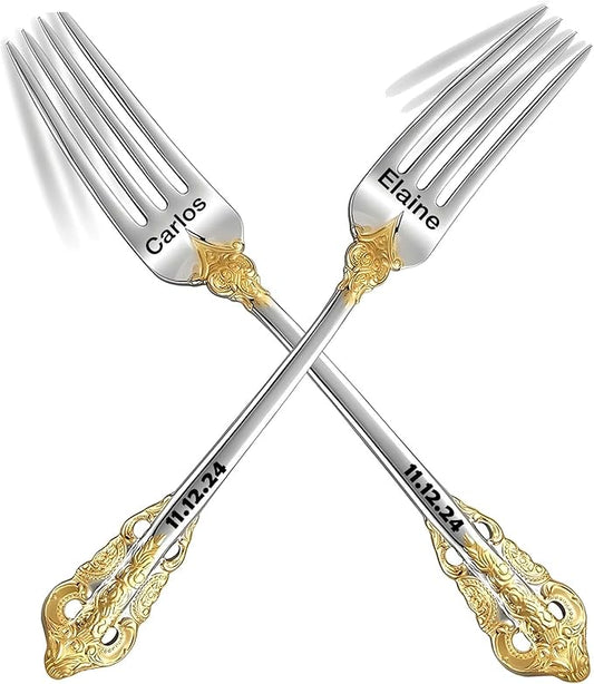[2 Pack] Personalized Vintage Wedding Forks, Custom Luxury Dinner Forks Engraved with Name/Date, Customized Antique Baroque Flatware for Dessert Cake Salad Gift for Party Favors Engagements