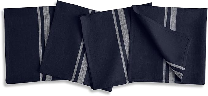 Solino Home Linen Cloth Napkins Set of 4-100% Pure Linen White and Navy Striped Dinner Napkins 20 x 20 Inch - French Stripe, Handcrafted and Machine Washable - Christmas, New Year
