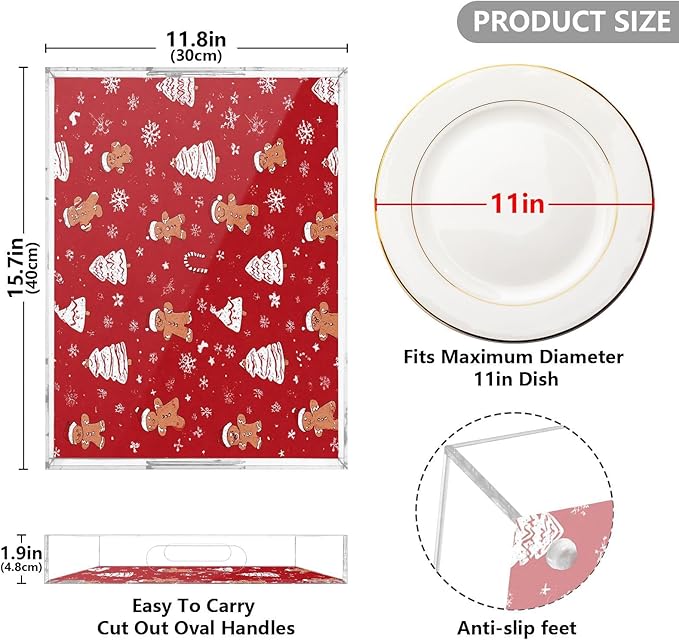Serving Tray with Handles Clear Acrylic Tray 12x16 Inch Decorative Rectangular Tray Organizer for Ottoman Coffee Table Bathroom Gingerbread Christmas Tree01