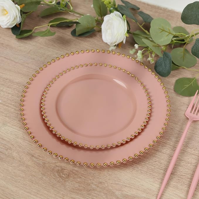 8" Salad Plates - Set of 10 - Plastic Dusty Rose Round Disposable Dessert Appetizer Plate with Gold Beaded Rim, Ideal for Dinner Party Wedding Bulk Events