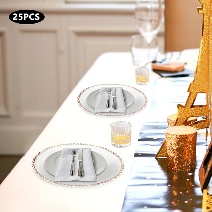 25 Pack Rose Gold Charger Plates – Elegant Round Decorative Plates with Beaded Edge – Clear & Gold Hot-Stamped PS Platters for Weddings, Parties, Banquets – Stackable, Reusable