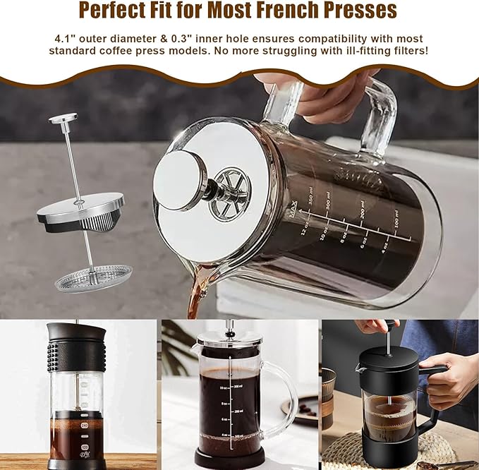 French Press Replacement Filters Stainless Steel Mesh Screen Universal 1000 ml, 34 Oz, 8 Cup Coffee & Tea Makers (6 PACK)