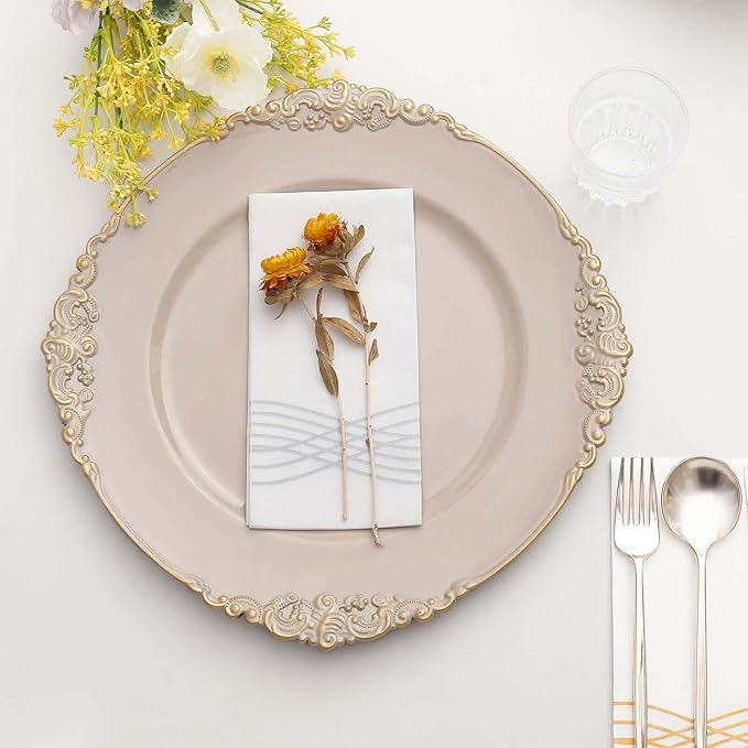 13" Charger Plates -Set of 24 - Acrylic Taupe Round Baroque Disposable Chargers Leaf Embossed Rim, Ideal for Dinner Party Wedding Bulk Events