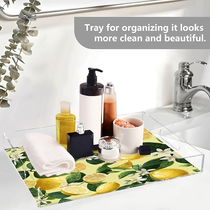 Serving Tray with Handles Clear Acrylic Tray 12x16 Inch Decorative Rectangular Tray Organizer for Ottoman Coffee Table Bathroom Yellow Vibrant Lemons Floral