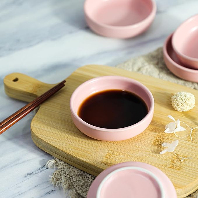 Colias Wing 3.5 Inch Simple Style Single Color Pattern Stylish Design Multipurpose Porcelain Side Dish Bowl Seasoning Dishes Soy Dipping Sauce Dishes-Set of 6-Pink