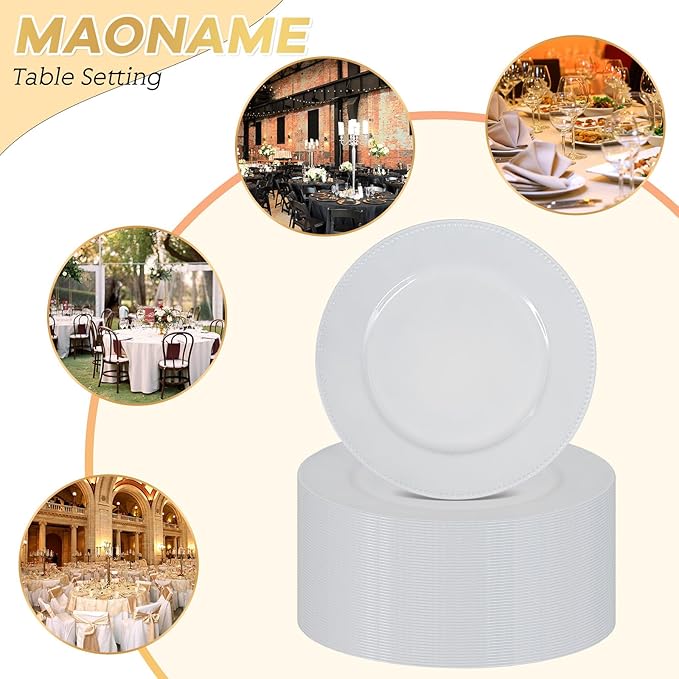 50 Pcs White Charger Plates Round Charger Plates13 Inch Bulk Wedding Dinner Elegant Reusable Plastic Chargers Plates Wedding Holiday Party Baby Shower Event Decoration (White)