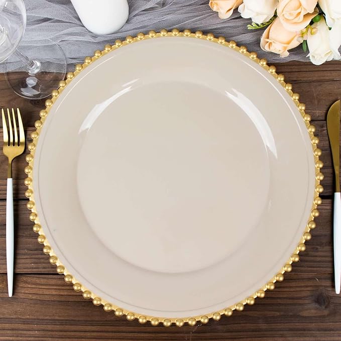 Efavormart 6 Pack 12" Taupe/Gold Acrylic Round Charger Plates With Beaded Rim Dinner Charger Plates