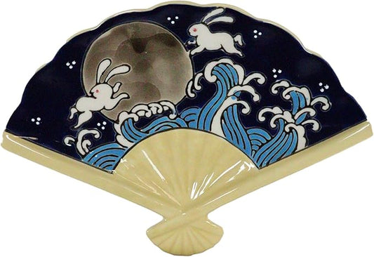 Ebros Pack Of 4 Colorful Oriental Folding Fan Shaped Appetizer Sushi Dessert Serving Dish Plates Decorative Asian Themed Artistic Dinner Lunch Serveware Plate Set (Rabbits Jumping Over Waves And Moon)