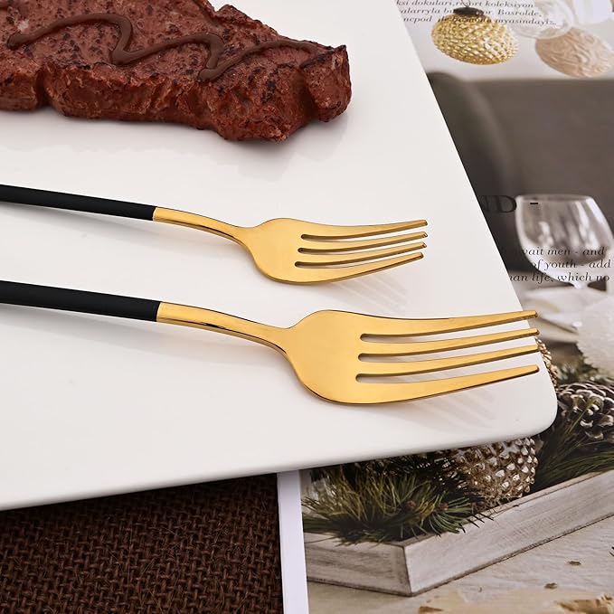 36pcs Silverware Set, 18/10 Stainless Steel Serving Flatware With Curved Handle For 6, Durable Eating Utensils For Home Entertaining, Mirror Polished (Black Gold)