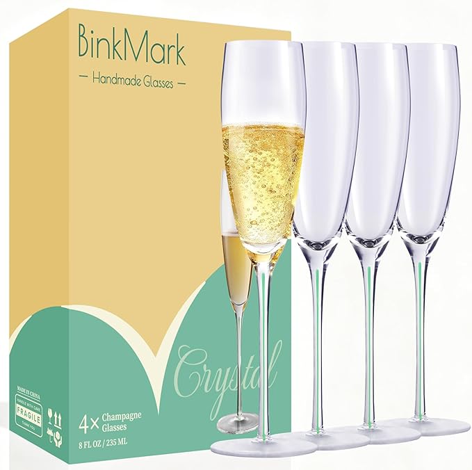 Champagne Flutes Set of 4, 8 oz, Hand Blown Lead-Free Premium Crystal Champagne Glasses, mint green Thread with Stem,Thin Rim, -Daily Use,Unique Wedding Anniversary or Birthday Gift,Party