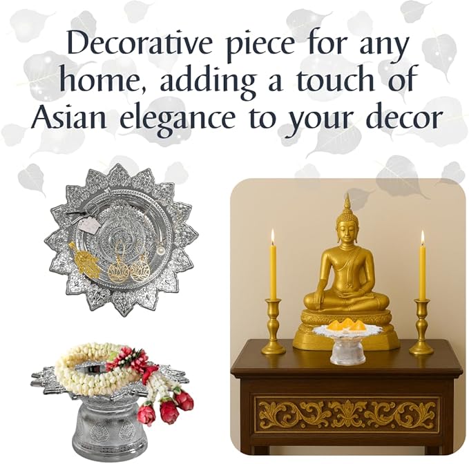 Decorative Pedestal Tray 5 Inch – Traditional Thai Offering Tray with Flora Design for Home, Temple, or Spa Display (Silver,14cm)