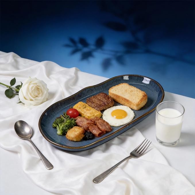 Organic Shape Highland Ceramic Serving Tray, 12pcs 11.625 * 5.125inch Handmade Reactive Glaze Stoneware Tray with Wavy Edge, for Kitchen, Microwave & Dishwasher Safe, Scratch Resistant-Blue