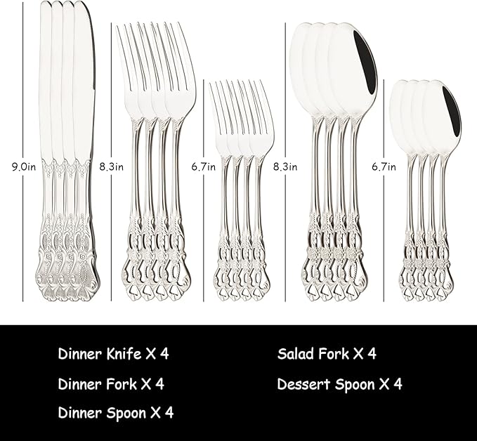 Silver Flatware Set For 4, 20 Pieces 18/0 Stainless Steel Silverware Set, Cutlery Utensils Set Include Knives/Forks/Spoons, Antique Baroque Style & Luxury Mirror Polished