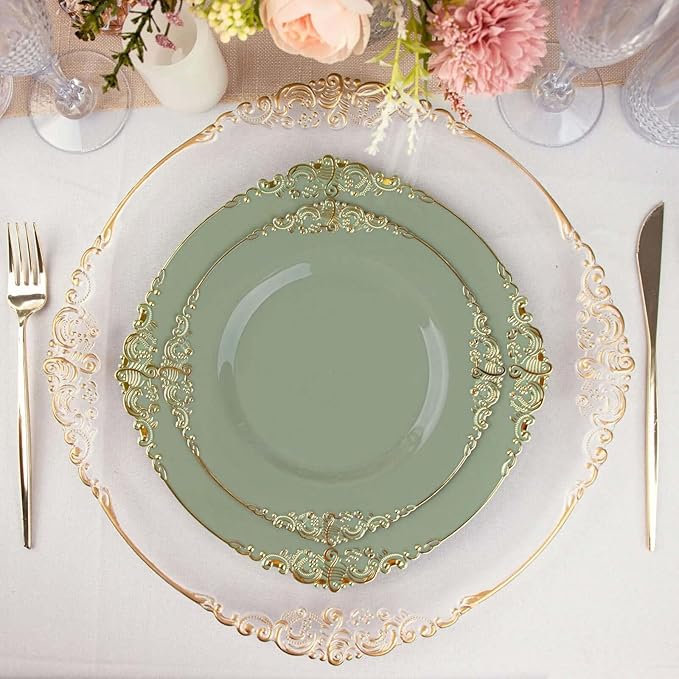 10" Dinner Plates -Set of 10 - Plastic Dusty Sage Green Round Baroque Disposable Chargers Leaf Embossed Rim, Ideal for Dinner Party Wedding Bulk Events