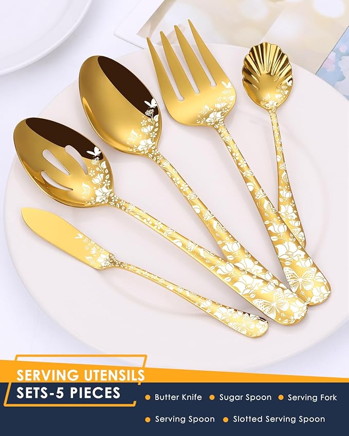 Stapava 77-Piece Gold Silverware Set for 12, Plus Steak Knife & Serving Set, Stainless Steel Flatware Cutlery Set, Mirror Eating Utensils Tableware with Butterfly Flower Laser, Dishwasher Safe