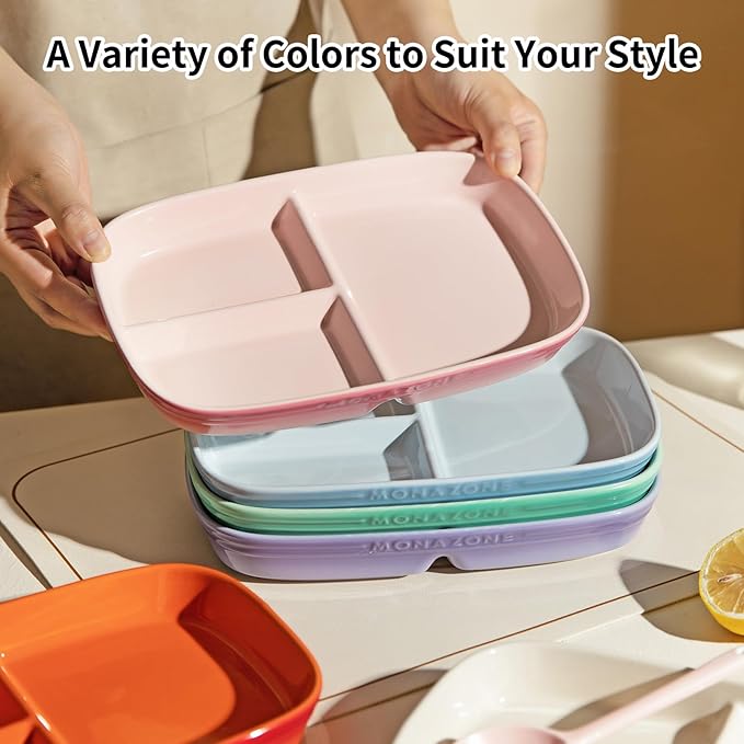 Portion Control Plate for Weight Loss, Ceramic Divided Plates with 3 Compartments for Adults and Kids, Dishwasher and Microwave Safe (Purple)