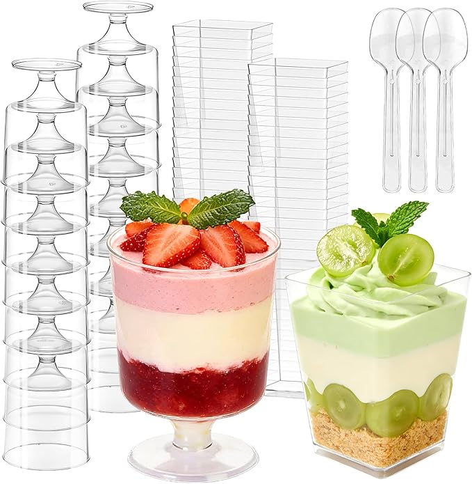 200 Pack 5 oz Plastic Dessert Cups with Spoons, Disposable Goblet Parfait Pudding Jello Shooter Cups for Party Serving, Clear Ice Cream Bowls for Fruit Trifle Yogurt Mousse Appetizer Snack Nuts