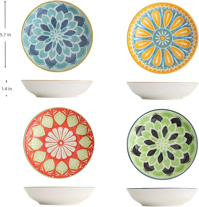 Set of 4 10 OZ Colorful Ceramic Dessert Bowls Bohemian 6 inch Serving Dishes Cute Shallow Bowls for Appetizer,Side Dishes,Sushi,Salad,Snack,Icecream,Fruit,Microwave Dishwasher Safe