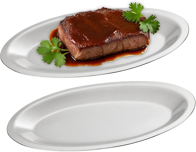 SANQIAHOME 9.9x6.1 Inch Thick Stainless Steel Dinner Plate 2-Piece Set, Egg-Shaped Appetizer Plate,Silver