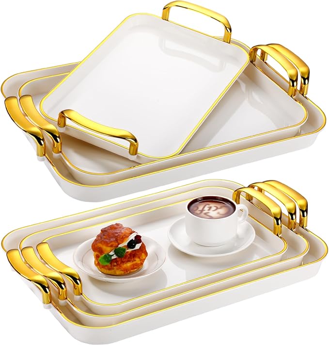 Rtteri Set of 6 Serving Platters with Handles 18.3/16.73/14.8 Inch Large Rectangular Serving Tray Reusable for Entertaining Dinner Party Wedding Decoration(Golden Handles,White)