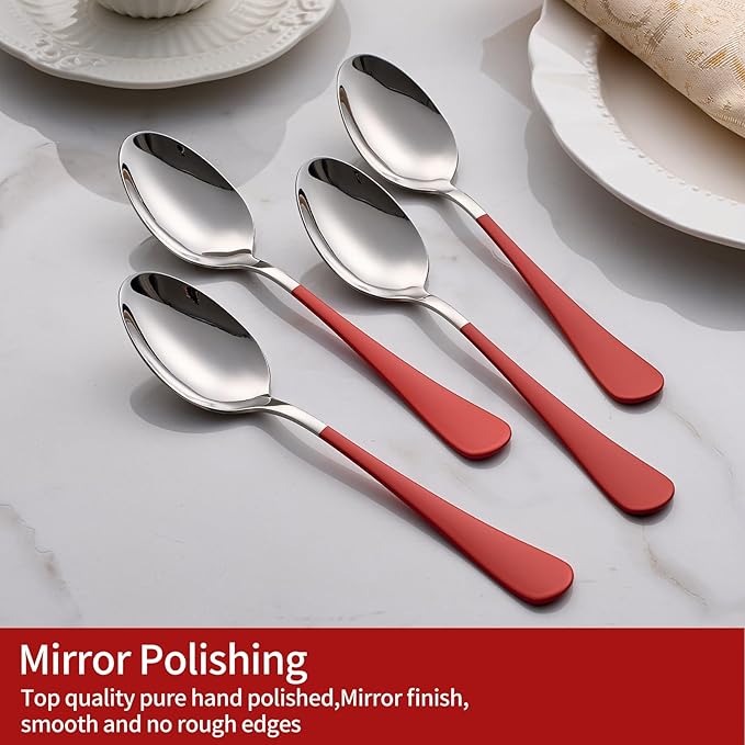Red Dinne spoons Set 12 Piece,Red Handle Silverware 18/0 Stainless Steel Flatware Bulk,7.3-inch Dessert Spoons Sets Table Set of 12,Mirror Finished Dishwasher Safe
