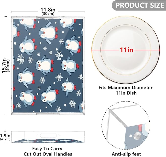 Serving Tray with Handles Clear Acrylic Tray 12x16 Inch Decorative Rectangular Tray Organizer for Ottoman Coffee Table Bathroom Grey Blue Penguin01