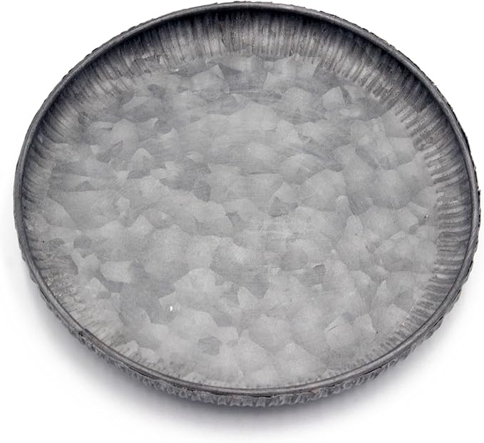 Funerom 7.8 inch Very Small Round Galvanized Metal Tray Decorative Tray Corrugated Edges