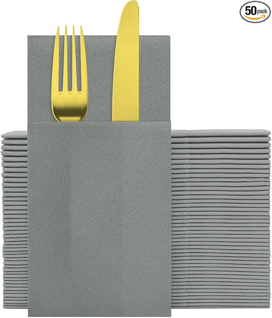 Dove Grey Linen Feel Napkins with Flatware Pocket, 50 Pack Cloth Like Pre-Folded Napkins for Silverware, Guest Hand Towel for Dinner Party Wedding Decoration (16. x 15.5 inch)