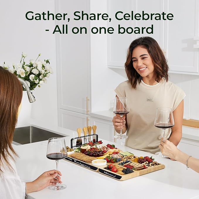 Charcuterie Boards Set of Christmas Gifts: Large Bamboo Cheese Board Set with Chalkboard Edge & Forks Set - Ideal for Housewarming Gift, Weddings, Bridal Showers, and Unique Gifts for Womem