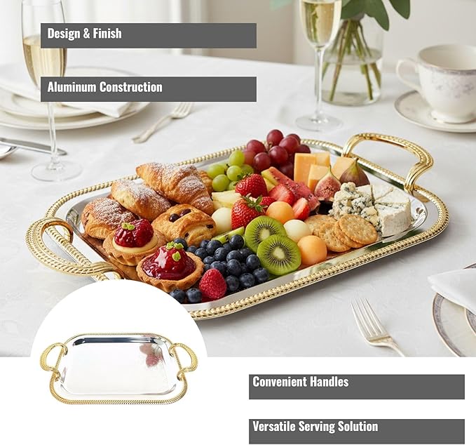 Rectangular Serving Tray in Silver with Gold Trim, Large Metal Serving Tray with Handles for Parties, European Style Tray for Food and Drink Service