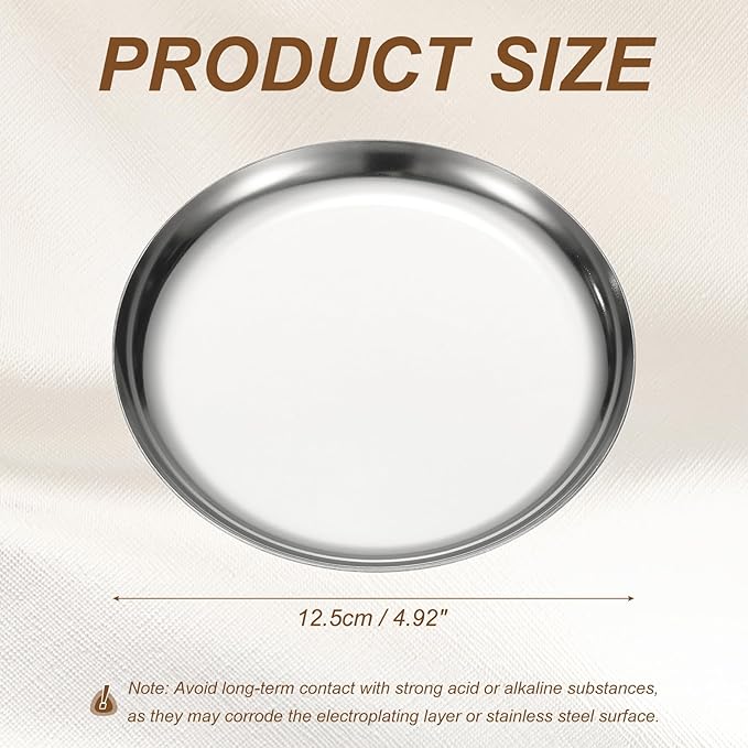 uxcell Round Serving Trays, 4.92" Stainless Steel Decorative Jewelry Dish, Small Vanity Tray for Bathroom Aromatherapy Candle Drink Plate,Silver