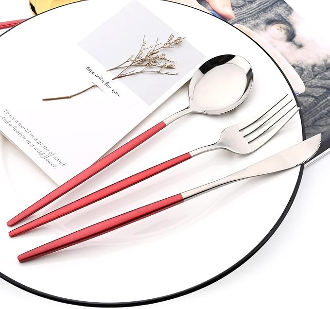30-Piece Snplowum Mirror Flatware Serving Set, 18/0 Stainless Steel Dinnerware With Red Handle, Modern Durable Home Kitchen Eating Tableware Set Service For 6 (Red Silver)