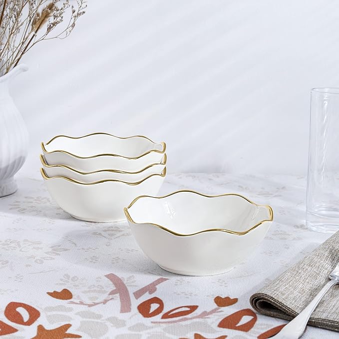 fanquare 10oz White Soup Bowls Set of 4, Porcelain Cereal Bowl, Small Kitchen Serving Bowls for Dipping, 5.5" Ramen bowl
