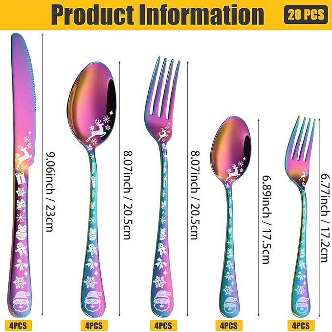 Vilihkc Christmas Style Silverware Set,20 Piece Stainless Steel Flatware Set, Kitchen Utensil Set Service for 4,Tableware Cutlery Set for Home and Restaurant,Dishwasher Safe
