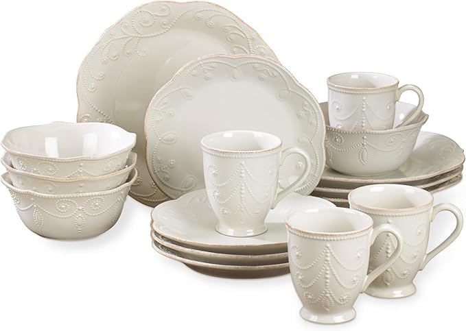 Lenox Dinnerware Set, French Perle White 16-Piece Set, Service For 4, Stoneware Material, Dishwasher Safe, Microwave Safe, Plates, Bowls, Mugs, Plates and Bowls, Dishes (White, 16 Piece)